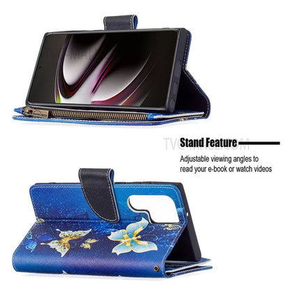 BF03 Pattern Printing PU Leather Magnetic Zipper Pocket Case Stand Flip Wallet Phone Cover with Strap for Samsung Galaxy S22 Ultra 5G