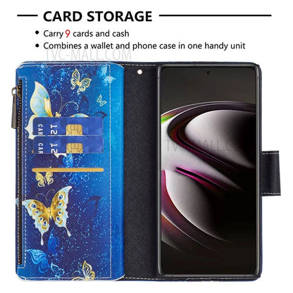 BF03 Pattern Printing PU Leather Magnetic Zipper Pocket Case Stand Flip Wallet Phone Cover with Strap for Samsung Galaxy S22 Ultra 5G