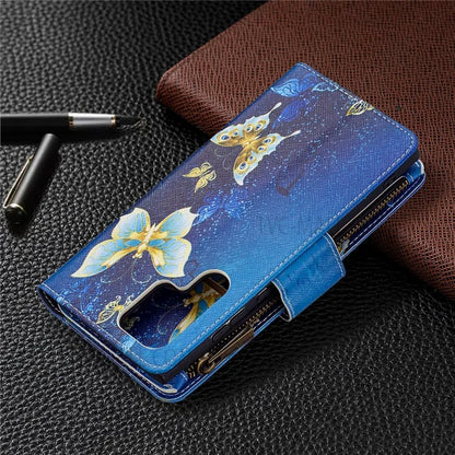 BF03 Pattern Printing PU Leather Magnetic Zipper Pocket Case Stand Flip Wallet Phone Cover with Strap for Samsung Galaxy S22 Ultra 5G