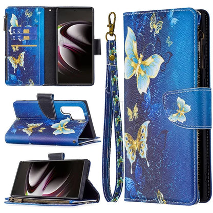 BF03 Pattern Printing PU Leather Magnetic Zipper Pocket Case Stand Flip Wallet Phone Cover with Strap for Samsung Galaxy S22 Ultra 5G