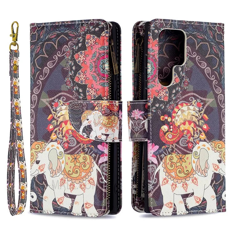 BF03 Pattern Printing PU Leather Magnetic Zipper Pocket Case Stand Flip Wallet Phone Cover with Strap for Samsung Galaxy S22 Ultra 5G