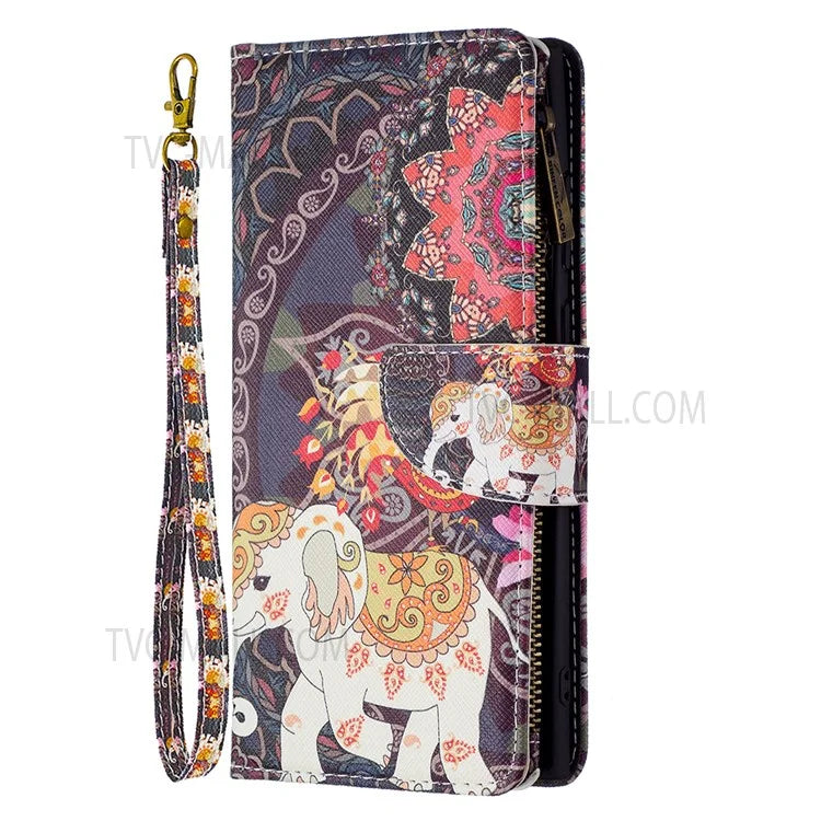 BF03 Pattern Printing PU Leather Magnetic Zipper Pocket Case Stand Flip Wallet Phone Cover with Strap for Samsung Galaxy S22 Ultra 5G