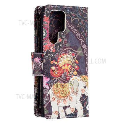 BF03 Pattern Printing PU Leather Magnetic Zipper Pocket Case Stand Flip Wallet Phone Cover with Strap for Samsung Galaxy S22 Ultra 5G