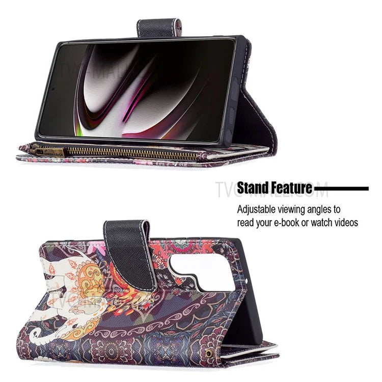 BF03 Pattern Printing PU Leather Magnetic Zipper Pocket Case Stand Flip Wallet Phone Cover with Strap for Samsung Galaxy S22 Ultra 5G