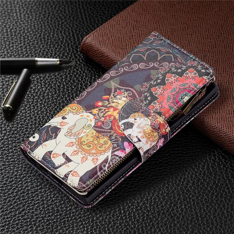 BF03 Pattern Printing PU Leather Magnetic Zipper Pocket Case Stand Flip Wallet Phone Cover with Strap for Samsung Galaxy S22 Ultra 5G