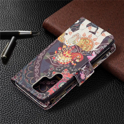 BF03 Pattern Printing PU Leather Magnetic Zipper Pocket Case Stand Flip Wallet Phone Cover with Strap for Samsung Galaxy S22 Ultra 5G