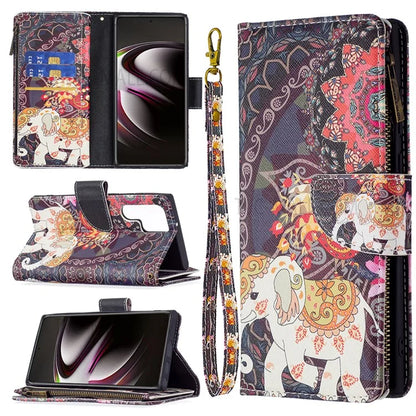 BF03 Pattern Printing PU Leather Magnetic Zipper Pocket Case Stand Flip Wallet Phone Cover with Strap for Samsung Galaxy S22 Ultra 5G