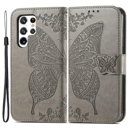 For Samsung Galaxy S22 Ultra 5G Imprinted Butterfly Flower Scratch-resistant Fashionable PU Leather + TPU Shockproof Phone Case Flip Stand Cover with Strap