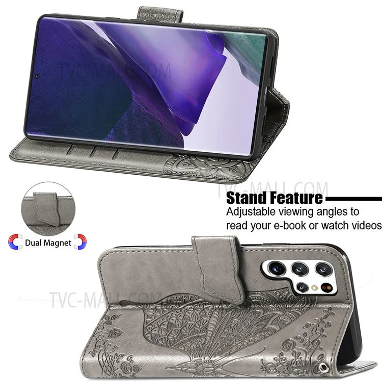 For Samsung Galaxy S22 Ultra 5G Imprinted Butterfly Flower Scratch-resistant Fashionable PU Leather + TPU Shockproof Phone Case Flip Stand Cover with Strap