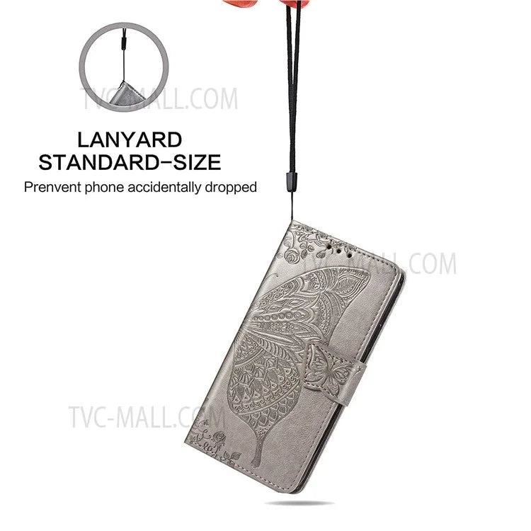 For Samsung Galaxy S22 Ultra 5G Imprinted Butterfly Flower Scratch-resistant Fashionable PU Leather + TPU Shockproof Phone Case Flip Stand Cover with Strap