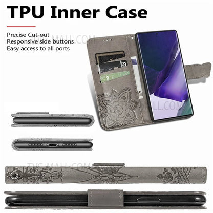 For Samsung Galaxy S22 Ultra 5G Imprinted Butterfly Flower Scratch-resistant Fashionable PU Leather + TPU Shockproof Phone Case Flip Stand Cover with Strap