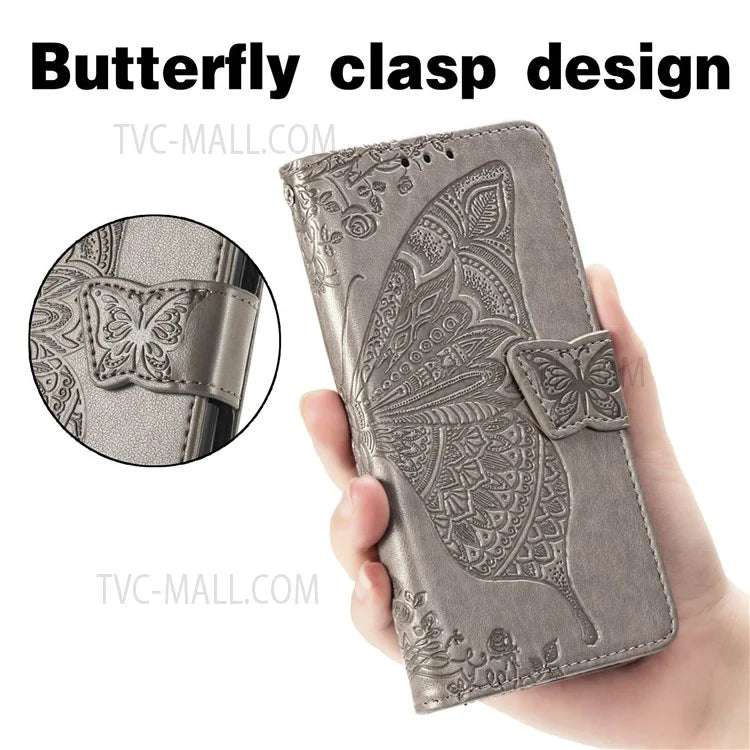 For Samsung Galaxy S22 Ultra 5G Imprinted Butterfly Flower Scratch-resistant Fashionable PU Leather + TPU Shockproof Phone Case Flip Stand Cover with Strap