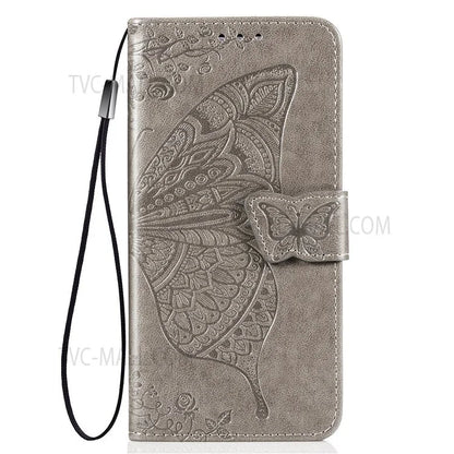 For Samsung Galaxy S22 Ultra 5G Imprinted Butterfly Flower Scratch-resistant Fashionable PU Leather + TPU Shockproof Phone Case Flip Stand Cover with Strap