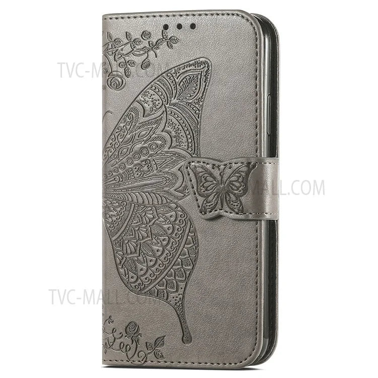 For Samsung Galaxy S22 Ultra 5G Imprinted Butterfly Flower Scratch-resistant Fashionable PU Leather + TPU Shockproof Phone Case Flip Stand Cover with Strap