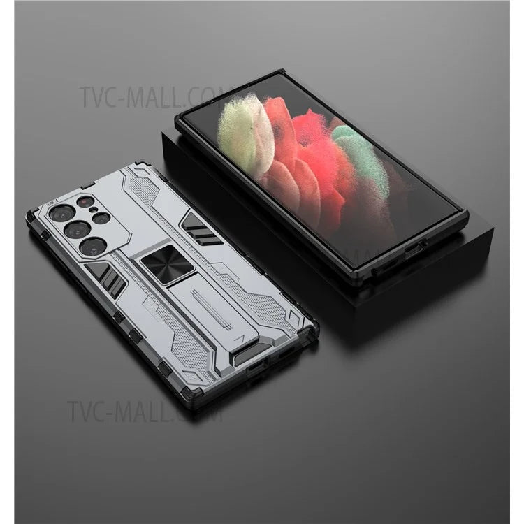 Anti-Fingerprint Hard PC + Soft TPU Shockproof Phone Cover with Kickstand for Samsung Galaxy S22 Ultra 5G