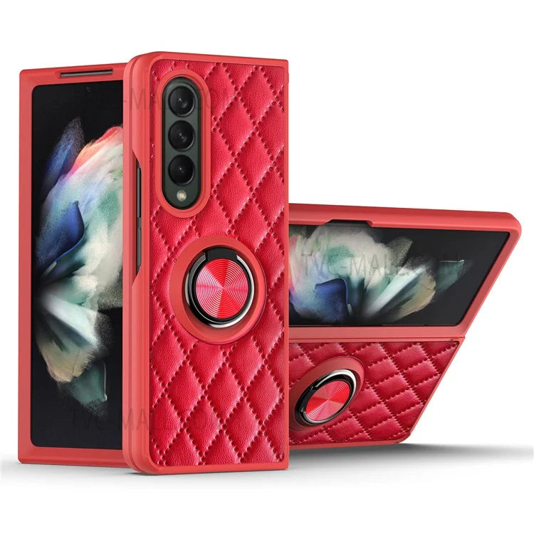 For Samsung Galaxy Z Fold3 5G Rhombus Pattern Rotary Ring Kickstand PU Leather Coated TPU Phone Case Folding Protective Cover