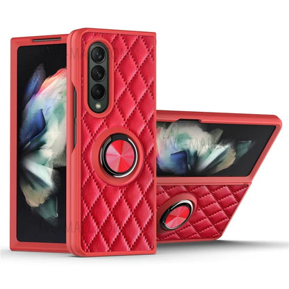 For Samsung Galaxy Z Fold3 5G Rhombus Pattern Rotary Ring Kickstand PU Leather Coated TPU Phone Case Folding Protective Cover