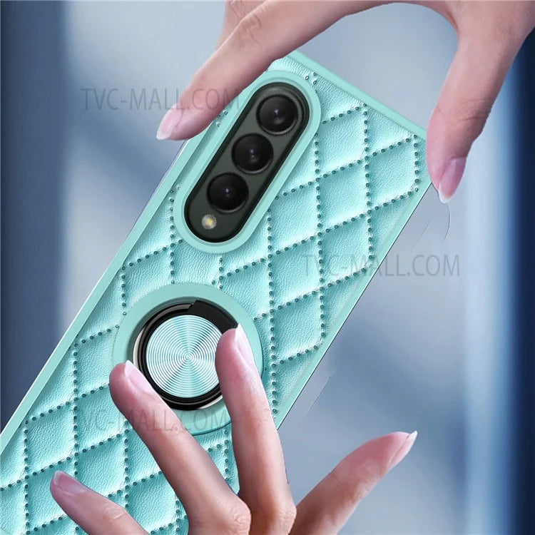 For Samsung Galaxy Z Fold3 5G Rhombus Pattern Rotary Ring Kickstand PU Leather Coated TPU Phone Case Folding Protective Cover