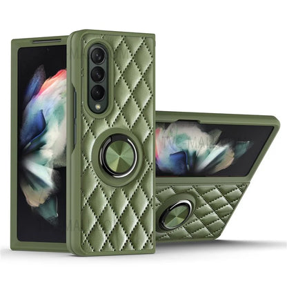 For Samsung Galaxy Z Fold3 5G Rhombus Pattern Rotary Ring Kickstand PU Leather Coated TPU Phone Case Folding Protective Cover