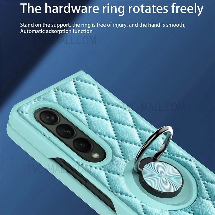 For Samsung Galaxy Z Fold3 5G Rhombus Pattern Rotary Ring Kickstand PU Leather Coated TPU Phone Case Folding Protective Cover