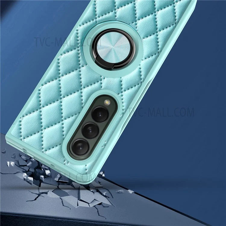 For Samsung Galaxy Z Fold3 5G Rhombus Pattern Rotary Ring Kickstand PU Leather Coated TPU Phone Case Folding Protective Cover