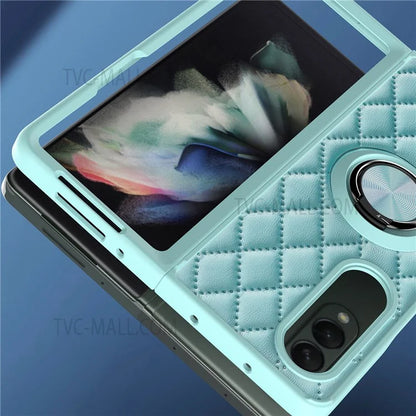 For Samsung Galaxy Z Fold3 5G Rhombus Pattern Rotary Ring Kickstand PU Leather Coated TPU Phone Case Folding Protective Cover