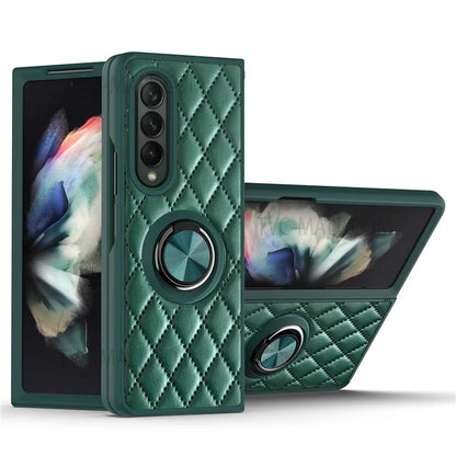 For Samsung Galaxy Z Fold3 5G Rhombus Pattern Rotary Ring Kickstand PU Leather Coated TPU Phone Case Folding Protective Cover