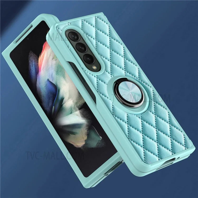 For Samsung Galaxy Z Fold3 5G Rhombus Pattern Rotary Ring Kickstand PU Leather Coated TPU Phone Case Folding Protective Cover