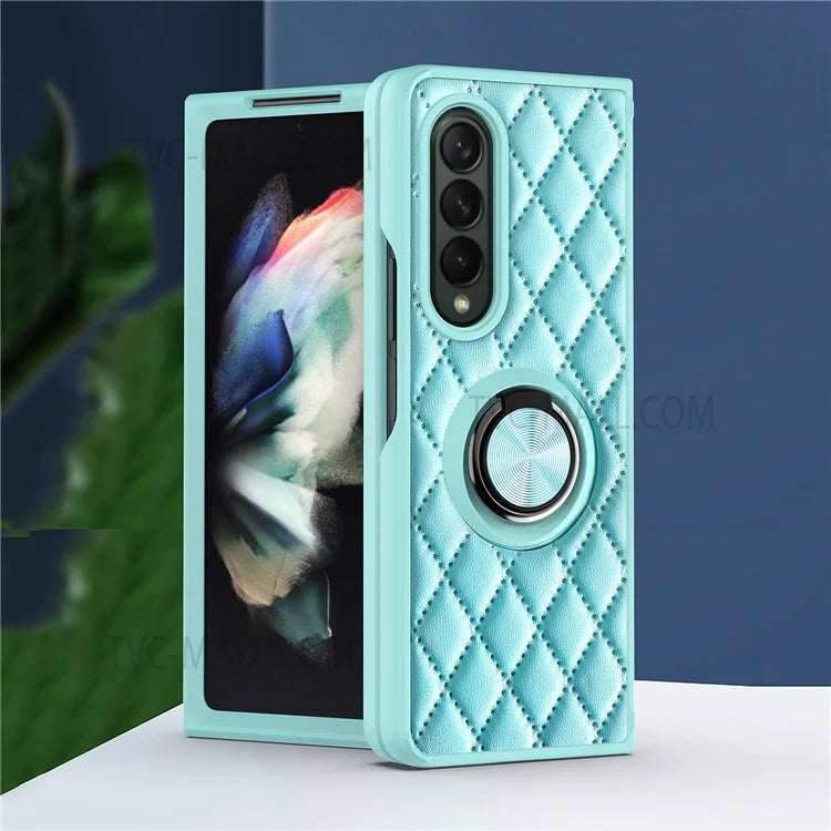 For Samsung Galaxy Z Fold3 5G Rhombus Pattern Rotary Ring Kickstand PU Leather Coated TPU Phone Case Folding Protective Cover