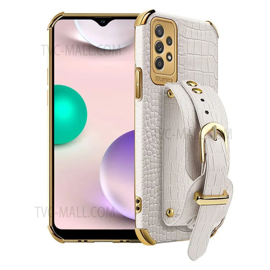 For Samsung Galaxy A33 5G Phone Protection Shell Wristband Kickstand Crocodile Texture Electroplating Precise Cutout PU Leather Coated TPU Anti-shock Phone Case