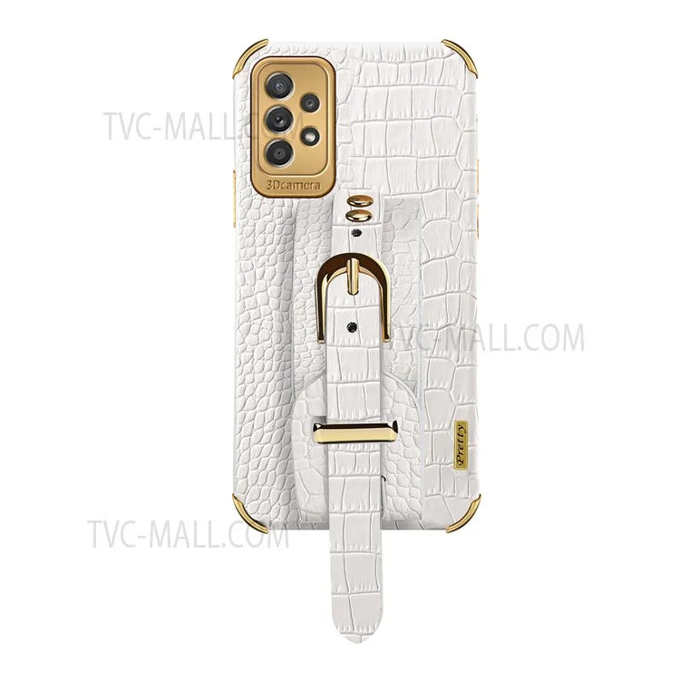 For Samsung Galaxy A33 5G Phone Protection Shell Wristband Kickstand Crocodile Texture Electroplating Precise Cutout PU Leather Coated TPU Anti-shock Phone Case