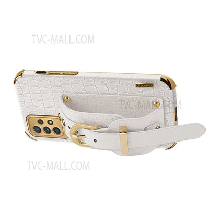 For Samsung Galaxy A33 5G Phone Protection Shell Wristband Kickstand Crocodile Texture Electroplating Precise Cutout PU Leather Coated TPU Anti-shock Phone Case