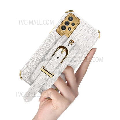 For Samsung Galaxy A33 5G Phone Protection Shell Wristband Kickstand Crocodile Texture Electroplating Precise Cutout PU Leather Coated TPU Anti-shock Phone Case