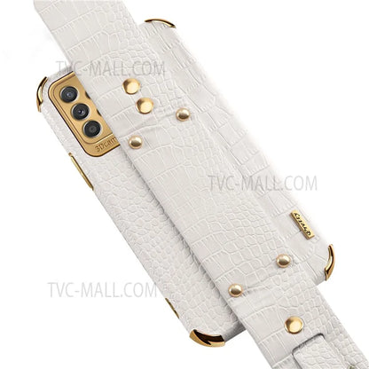 For Samsung Galaxy A33 5G Phone Protection Shell Wristband Kickstand Crocodile Texture Electroplating Precise Cutout PU Leather Coated TPU Anti-shock Phone Case