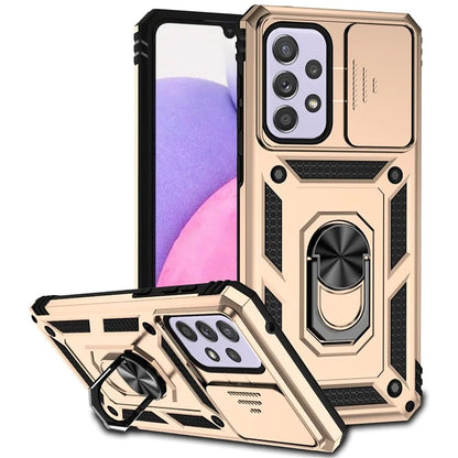 For Samsung Galaxy A33 5G Case Slide Camera Lid PC + TPU Phone Cover with Ring Kickstand