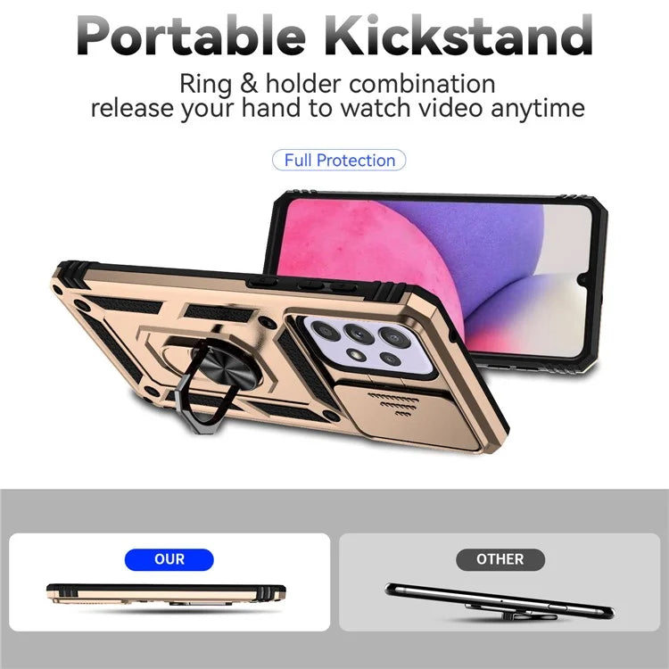 For Samsung Galaxy A33 5G Case Slide Camera Lid PC + TPU Phone Cover with Ring Kickstand