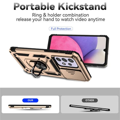 For Samsung Galaxy A33 5G Case Slide Camera Lid PC + TPU Phone Cover with Ring Kickstand