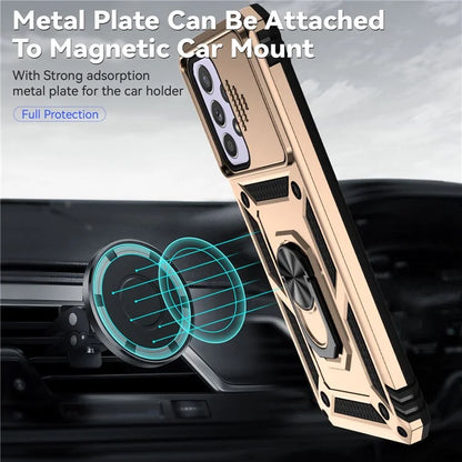 For Samsung Galaxy A33 5G Case Slide Camera Lid PC + TPU Phone Cover with Ring Kickstand
