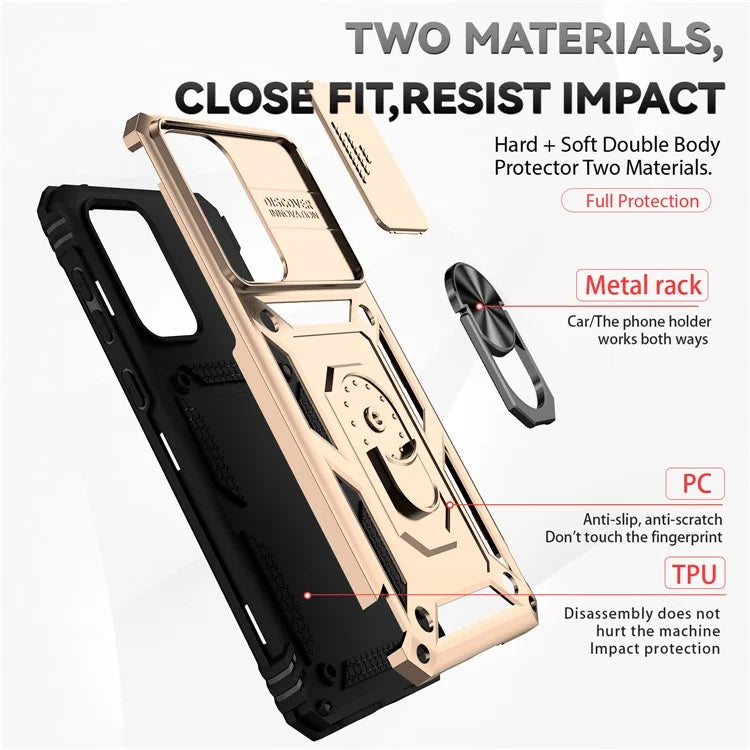 For Samsung Galaxy A33 5G Case Slide Camera Lid PC + TPU Phone Cover with Ring Kickstand