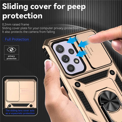 For Samsung Galaxy A33 5G Case Slide Camera Lid PC + TPU Phone Cover with Ring Kickstand