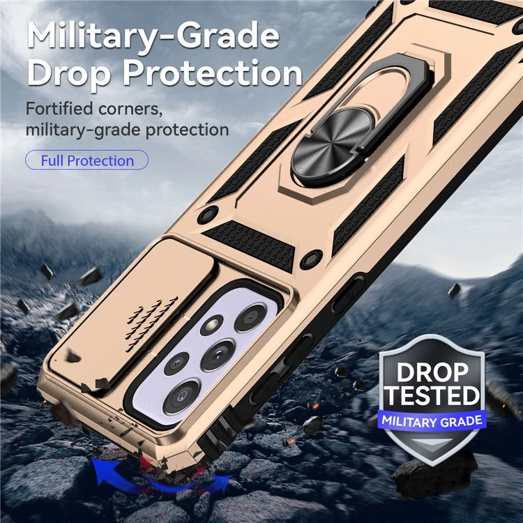 For Samsung Galaxy A33 5G Case Slide Camera Lid PC + TPU Phone Cover with Ring Kickstand