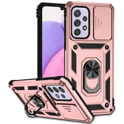 For Samsung Galaxy A33 5G Case Slide Camera Lid PC + TPU Phone Cover with Ring Kickstand