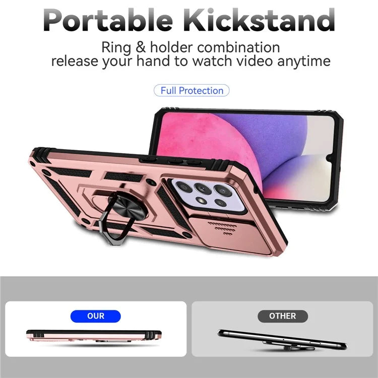 For Samsung Galaxy A33 5G Case Slide Camera Lid PC + TPU Phone Cover with Ring Kickstand