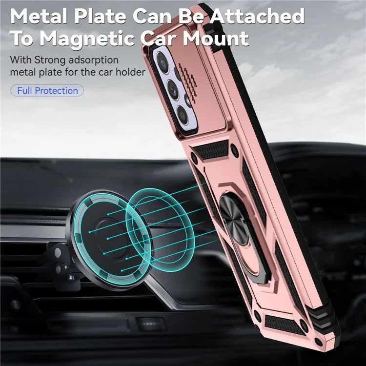 For Samsung Galaxy A33 5G Case Slide Camera Lid PC + TPU Phone Cover with Ring Kickstand