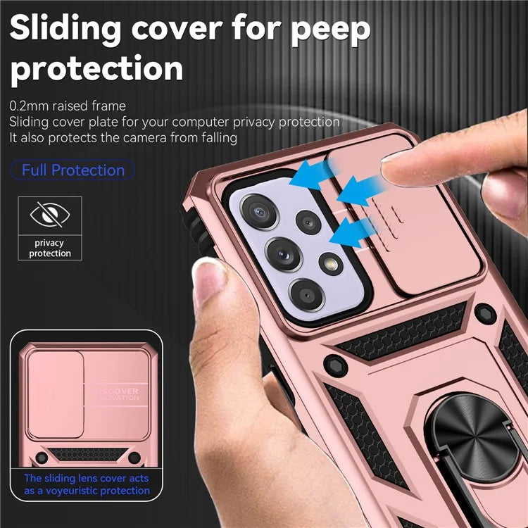 For Samsung Galaxy A33 5G Case Slide Camera Lid PC + TPU Phone Cover with Ring Kickstand