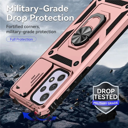 For Samsung Galaxy A33 5G Case Slide Camera Lid PC + TPU Phone Cover with Ring Kickstand