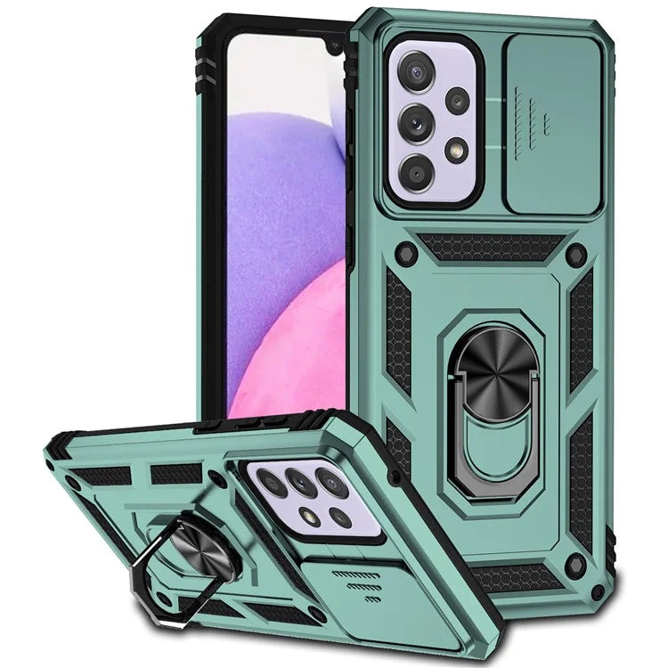 For Samsung Galaxy A33 5G Case Slide Camera Lid PC + TPU Phone Cover with Ring Kickstand