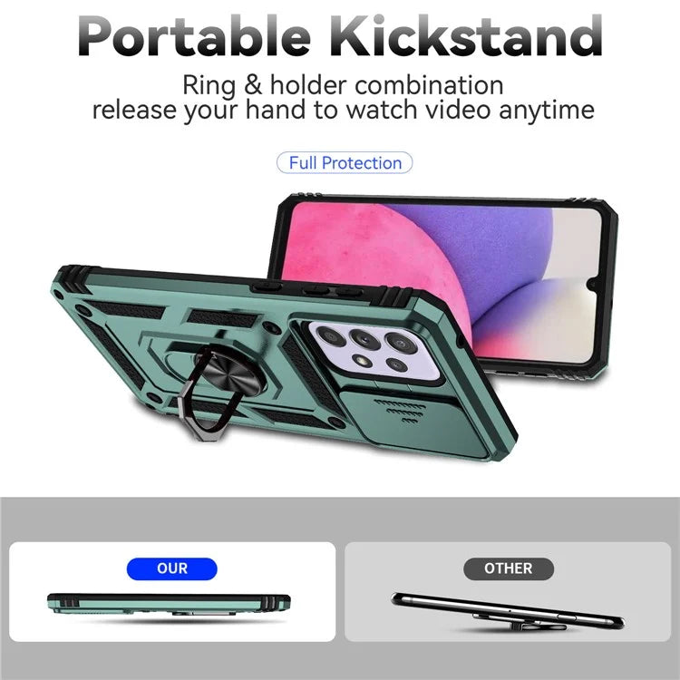For Samsung Galaxy A33 5G Case Slide Camera Lid PC + TPU Phone Cover with Ring Kickstand