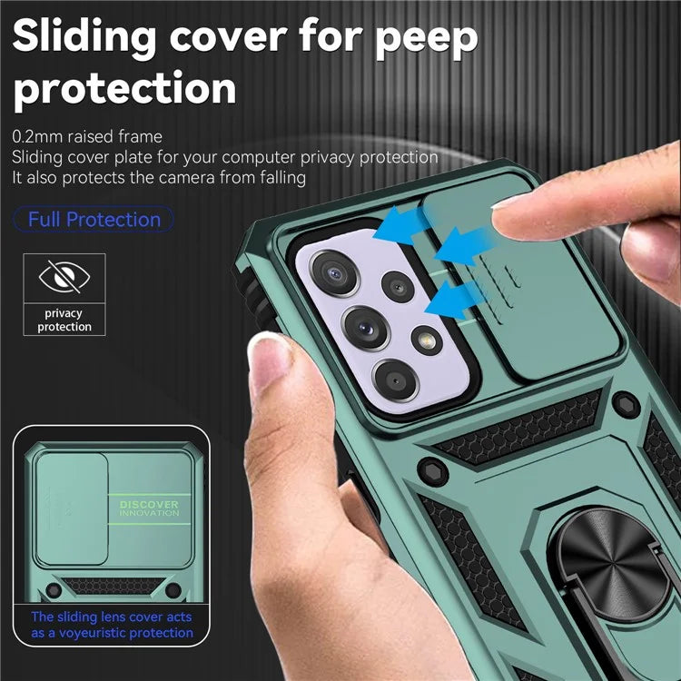 For Samsung Galaxy A33 5G Case Slide Camera Lid PC + TPU Phone Cover with Ring Kickstand