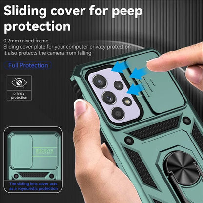 For Samsung Galaxy A33 5G Case Slide Camera Lid PC + TPU Phone Cover with Ring Kickstand